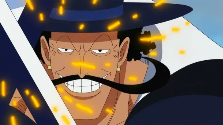 Mihawk el maestro espadachín. Luffy se escabulle bajo el corte de la Kokutou