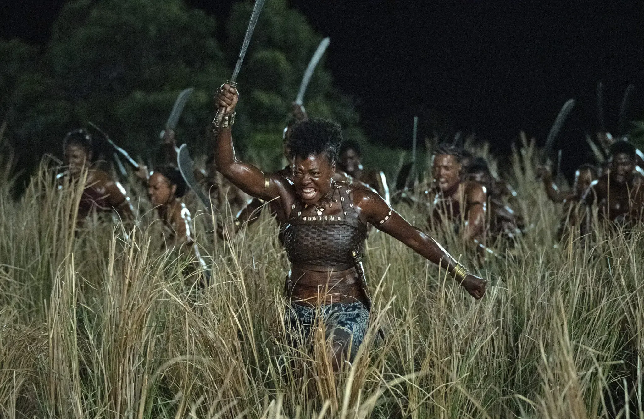 The woman king, viola davis, luchando en la batalla